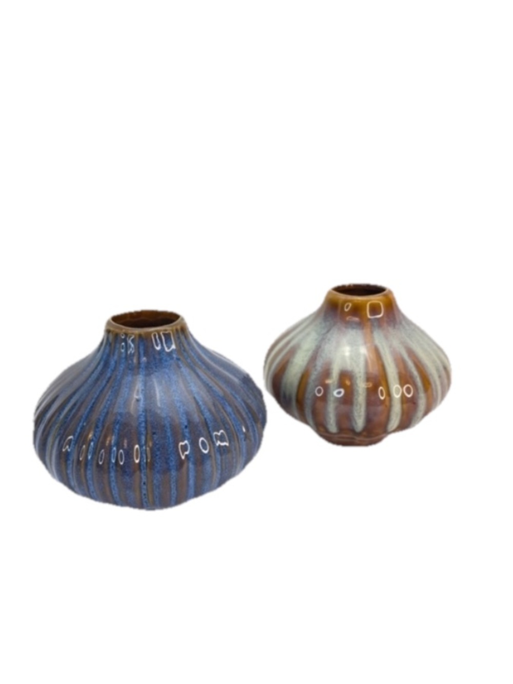 Pottery Vases Blues & Brown Glaze Pair
